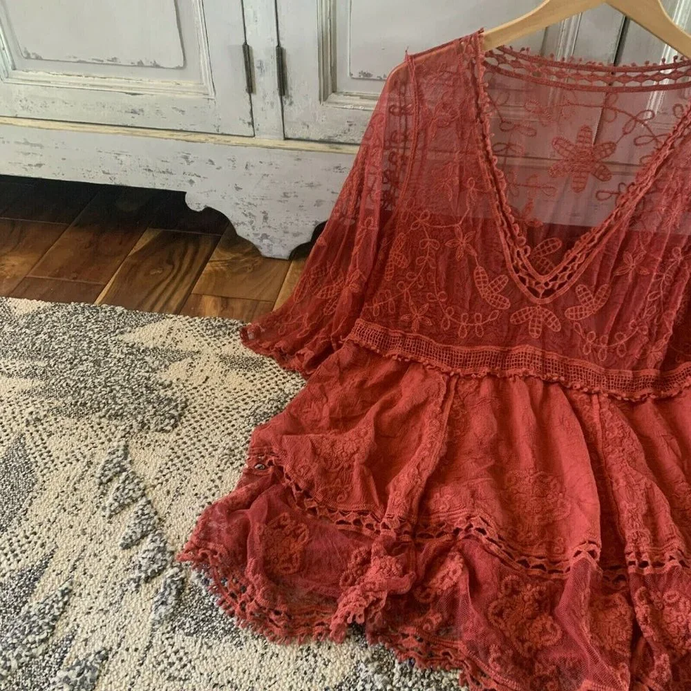 New Red Lace Crochet Boho Folk Tunic Blouse Top Cover-Up Womens - Picture 5 of 9